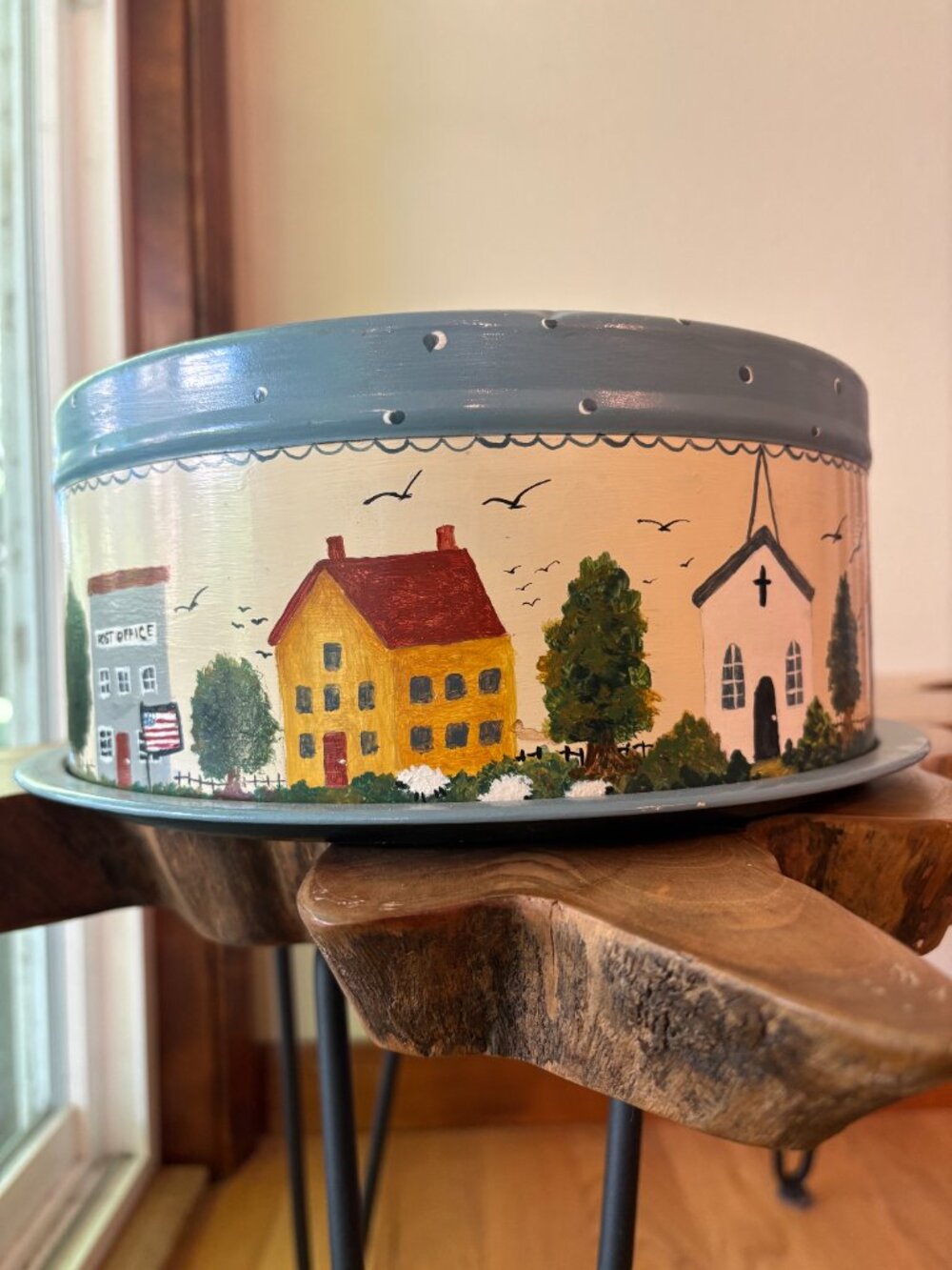 Vintage 80s Hand-Painted Metal Cake Carrier Village Scene Country Kitchen